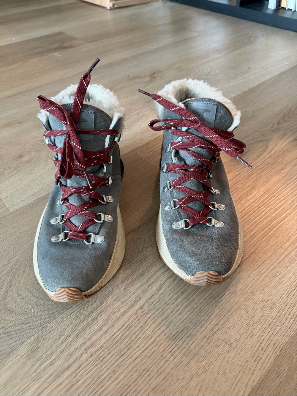 Sorel Gray Suede Winter Boot with Burgundy Laces